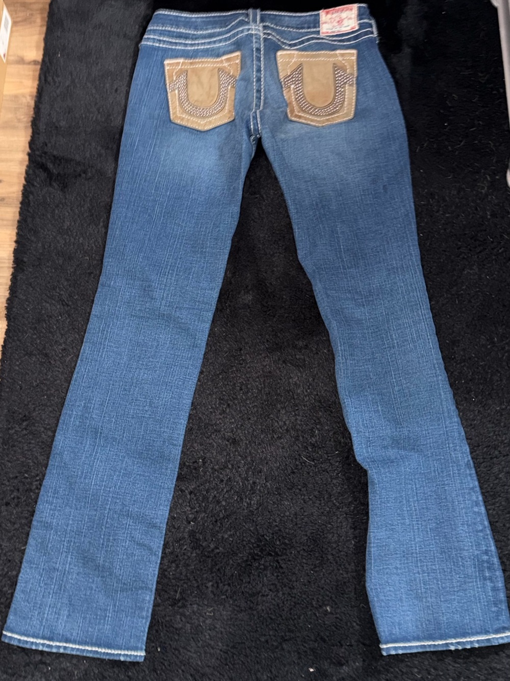 True Religion Women's Blue Bootcut Jeans with Tan Pocket Accents